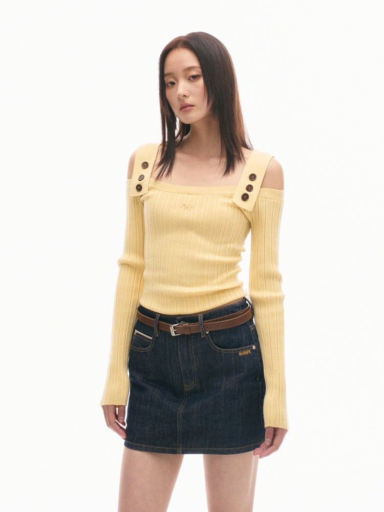 Casual Off-Shoulder Slim-Fit Wool Long-Sleeve Top - CHINASQUAD