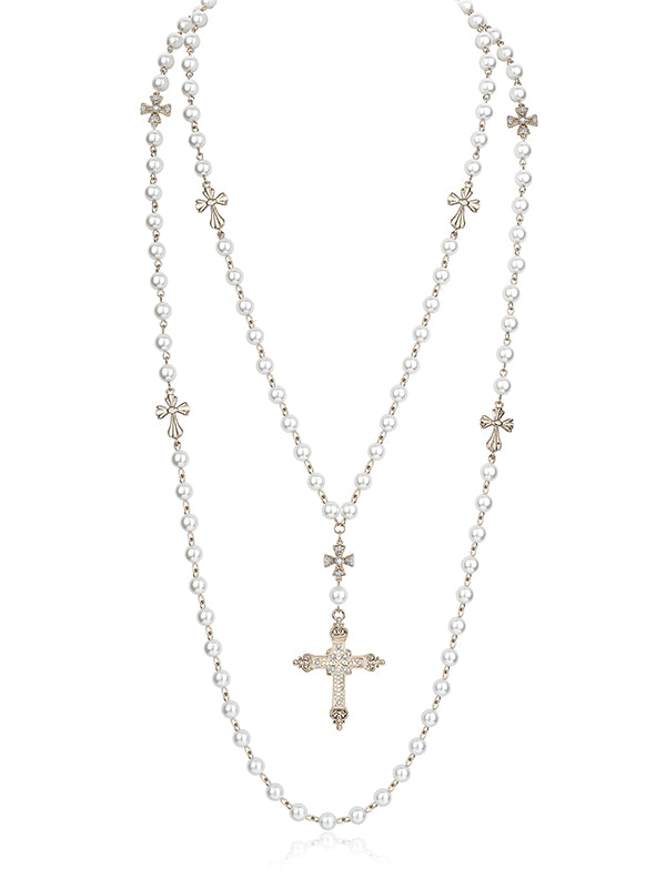 Double-Layered Pearl Fleur-de-Lis Cross Long Necklace - CHINASQUAD