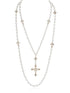 Double-Layered Pearl Fleur-de-Lis Cross Long Necklace - CHINASQUAD
