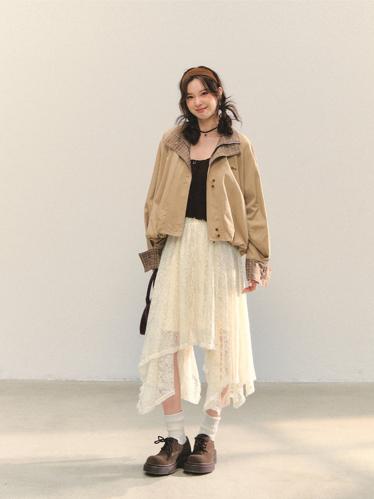Two-piece Plaid Spliced Cocoon-shaped Trench Jacket - CHINASQUAD