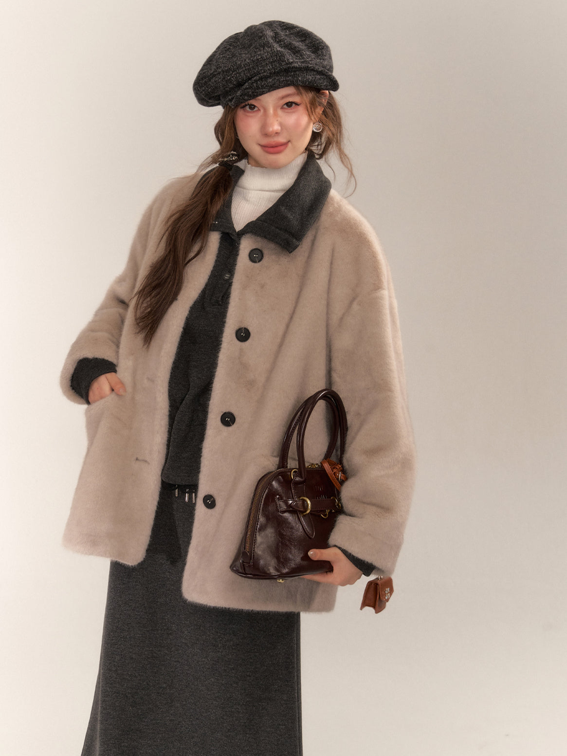 Gray & Apricot Faux Fur Coat - CHINASQUAD