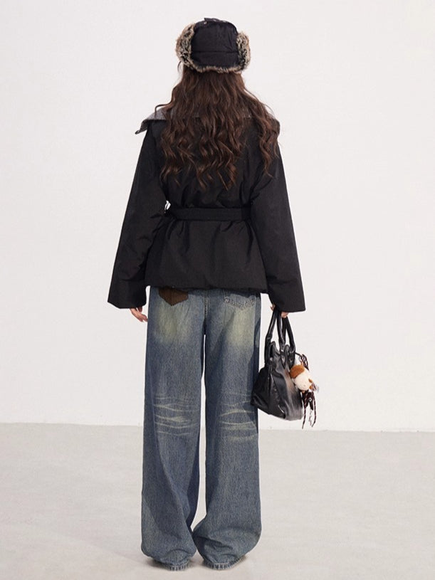 Belted Contrast-Knit Collar Down Coat