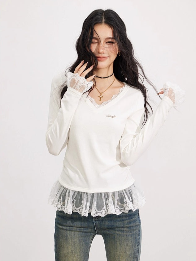 Lace Panel V-Neck Slim-Fit Long Sleeve T-Shirt - CHINASQUAD