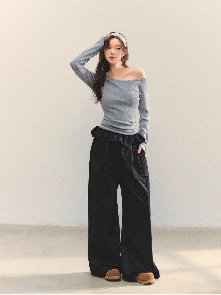 Turned-over Waist Straight-leg Casual Pants