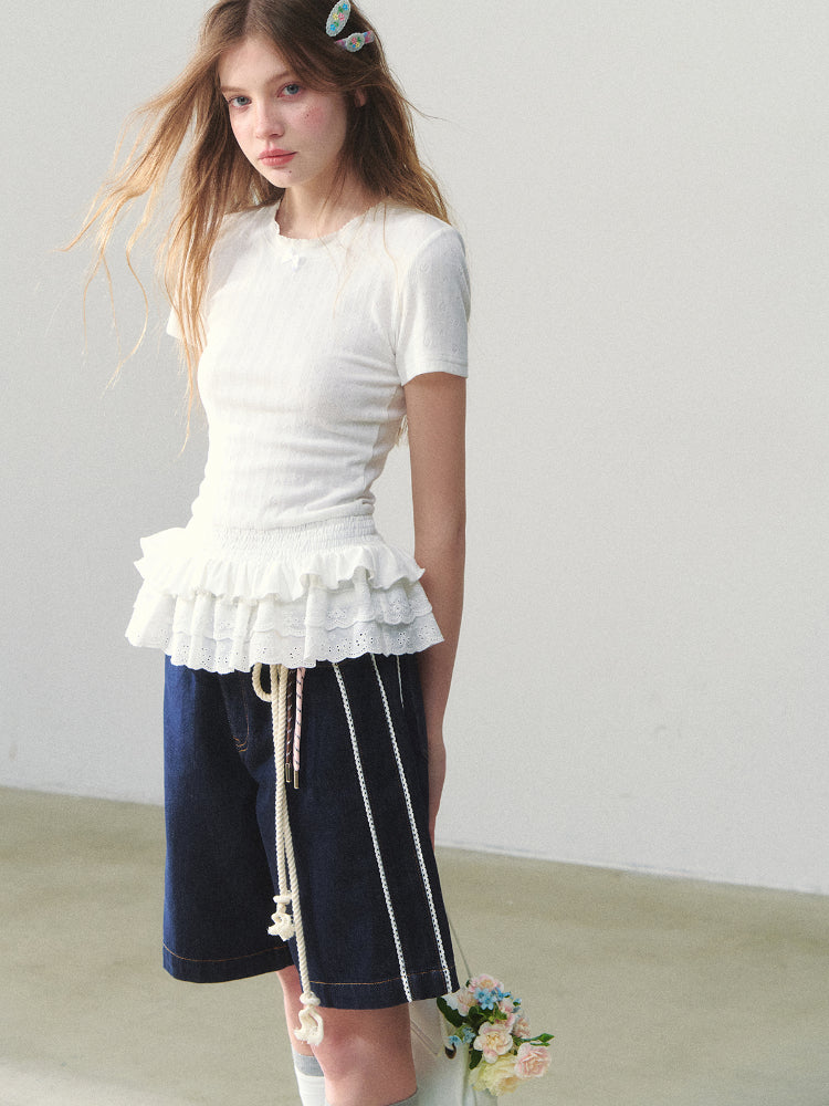 White Lace-hem Short-sleeve T-shirt - CHINASQUAD