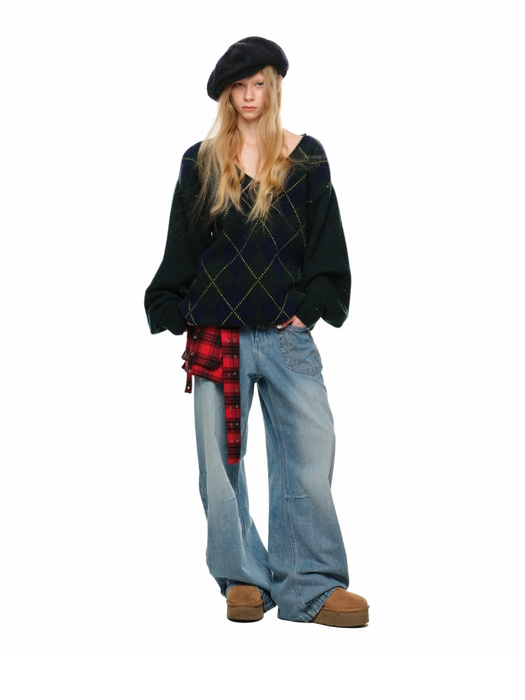 Argyle V-Neck Loose Knit Sweater - CHINASQUAD