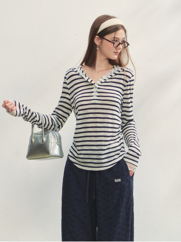 Striped Color-block Lace Spliced T-Shirt - CHINASQUAD