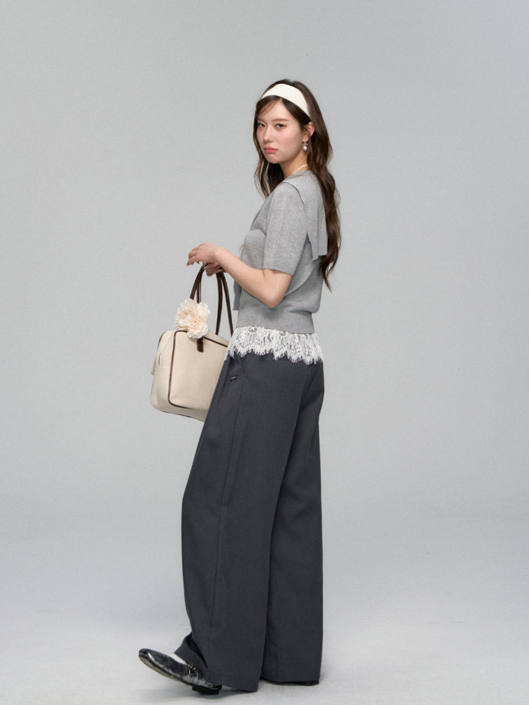 Waistband Lace-spliced Faux Two-piece Long Pants - CHINASQUAD