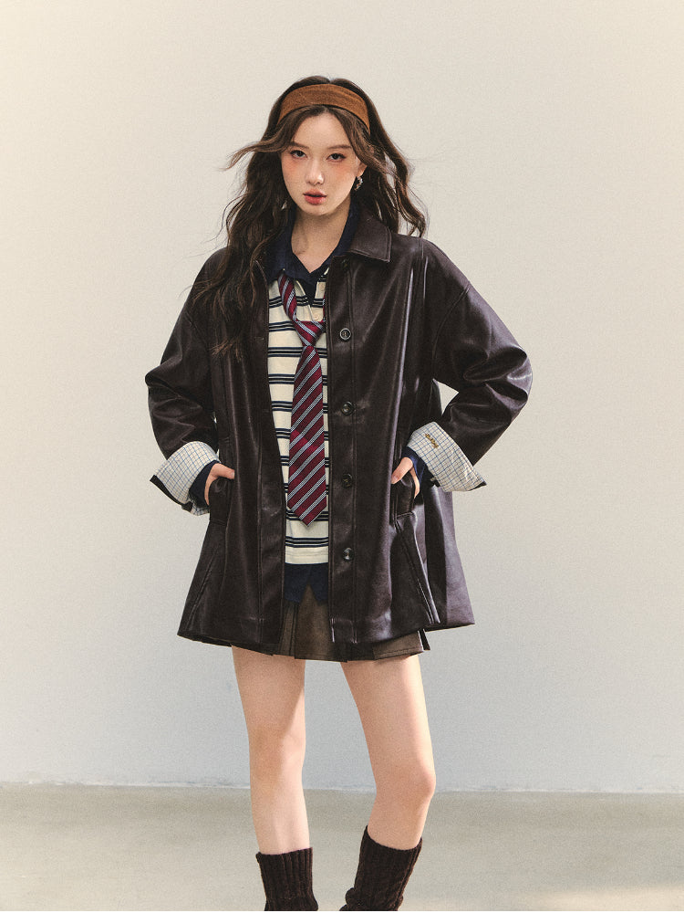 Black H-shaped Cuff Checkered Spliced Leather Jacket - CHINASQUAD
