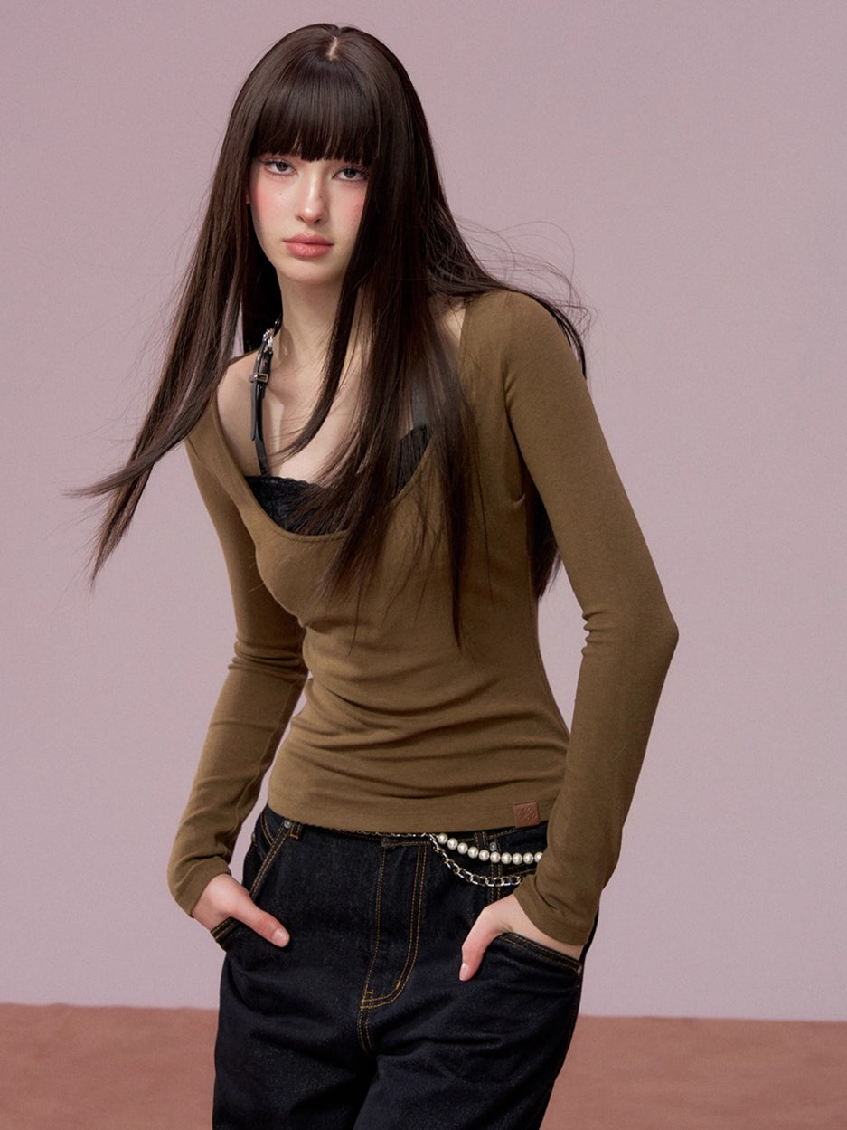 Lace-Panel Contrast Fitted Knit T-Shirt