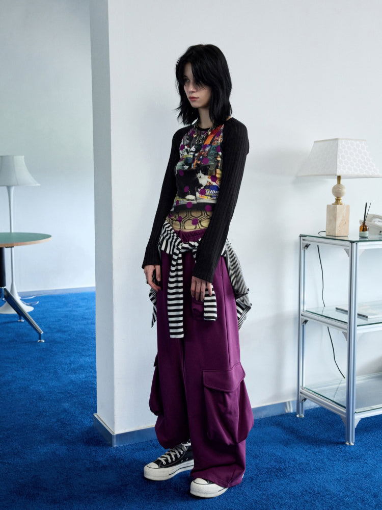 Cat Print Raglan Sleeve Color-Blocking T-Shirt - CHINASQUAD