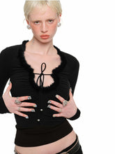 Fur Trimmed Deep V-Neck Slim Fit Knit Top - CHINASQUAD