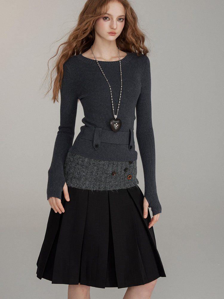 Patchwork Button Wool Pleated Skirt - CHINASQUAD