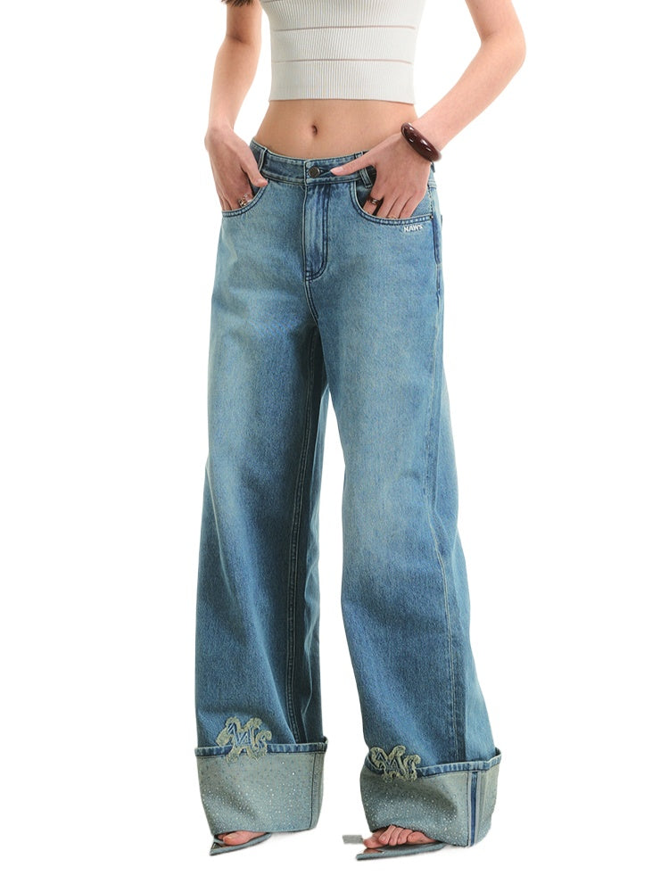 Transparent Rhinestone Straight-Leg Jeans - CHINASQUAD