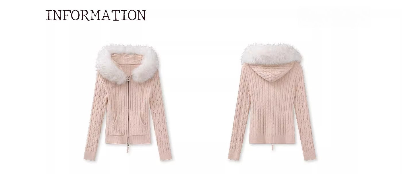 Detachable Fur Collar Blush Zip-up Knit Cardigan - CHINASQUAD