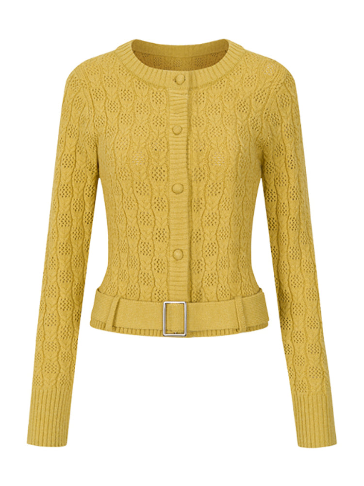 Belted Hollow Out Knit Sweater - CHINASQUAD