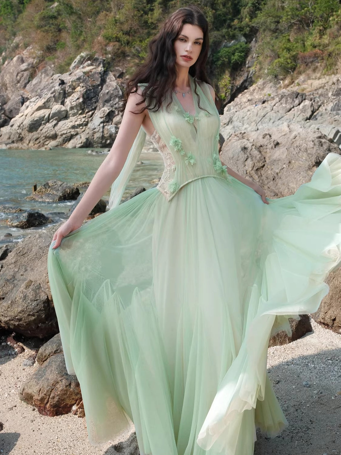 Heavy Lace Halter Corset Mesh Maxi Dress