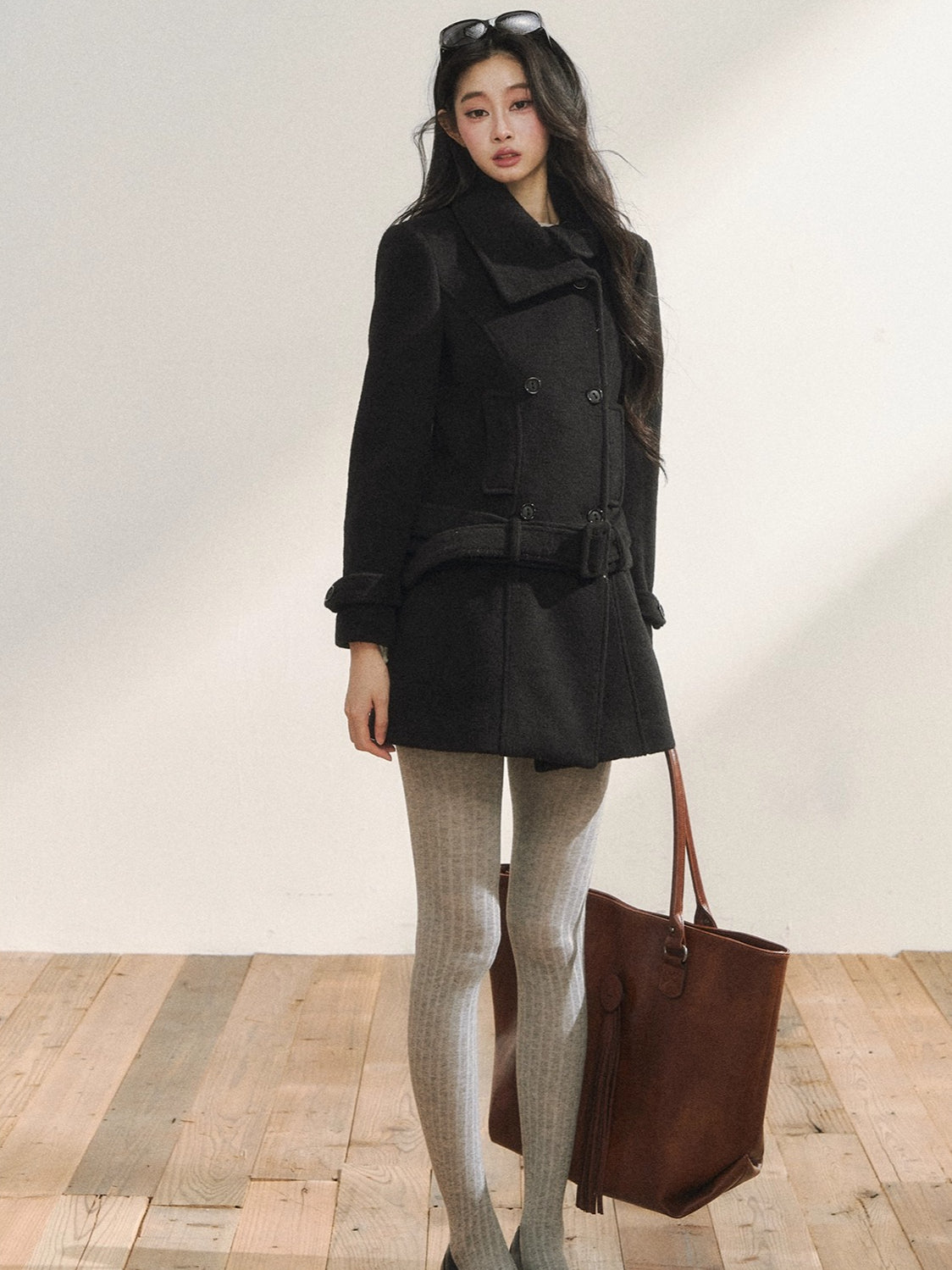 Black Wool-Blend Detachable Hem Double-Breasted Coat