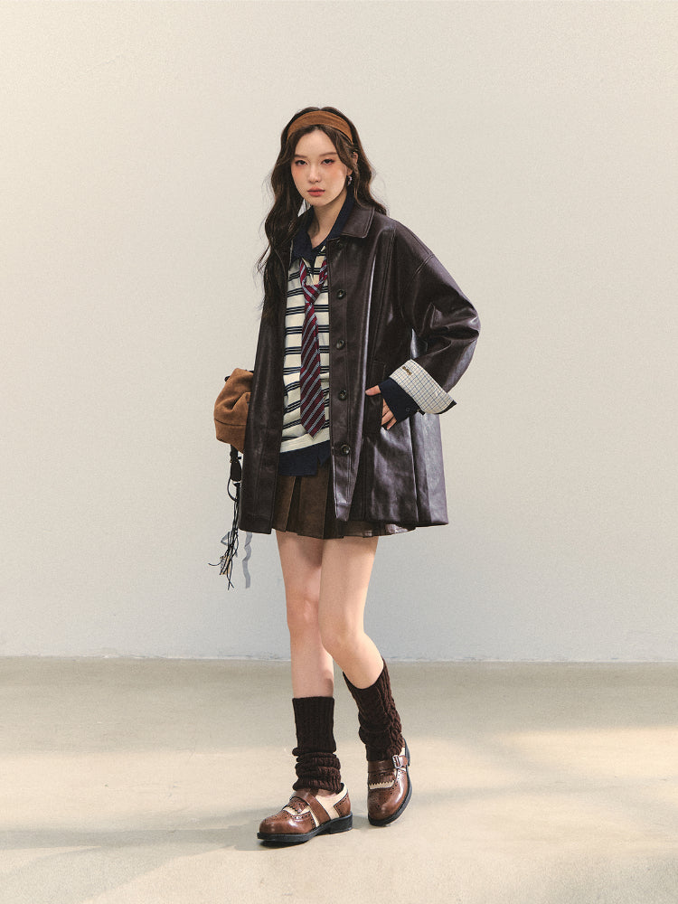 Black H-shaped Cuff Checkered Spliced Leather Jacket - CHINASQUAD