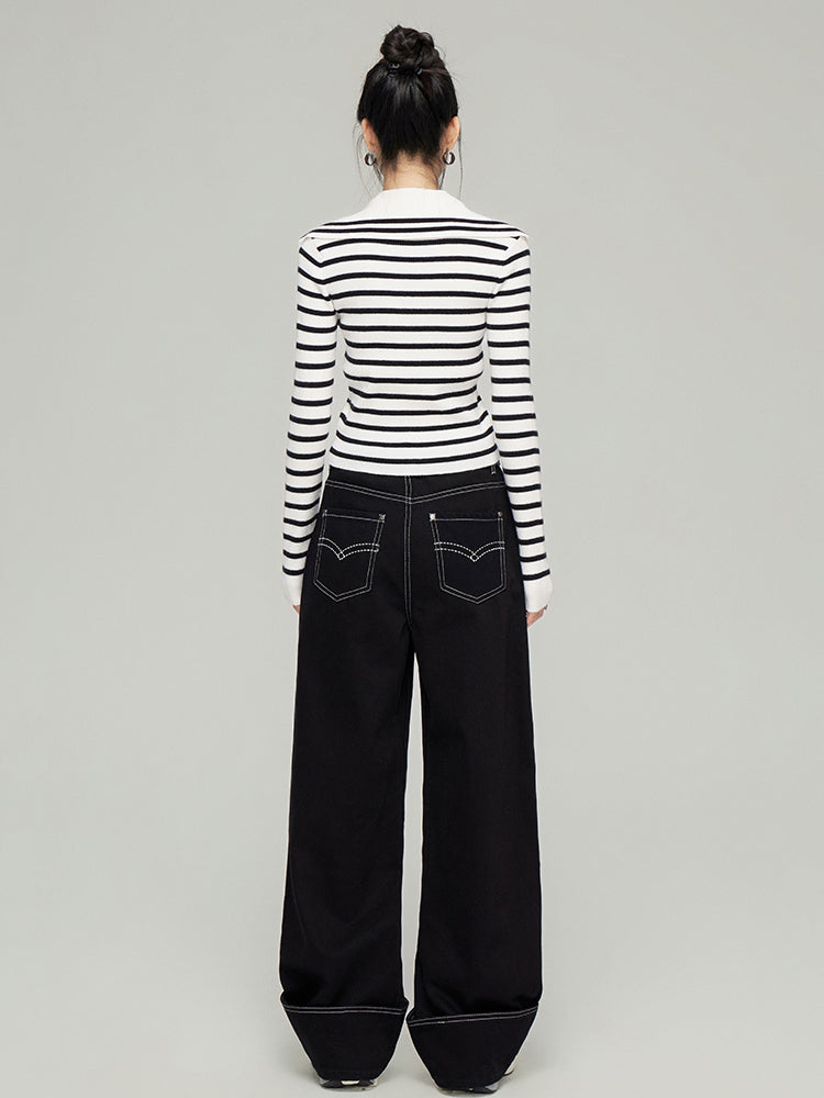 Navy Collar Ribbed Knit Cardigan  - CHINASQUAD