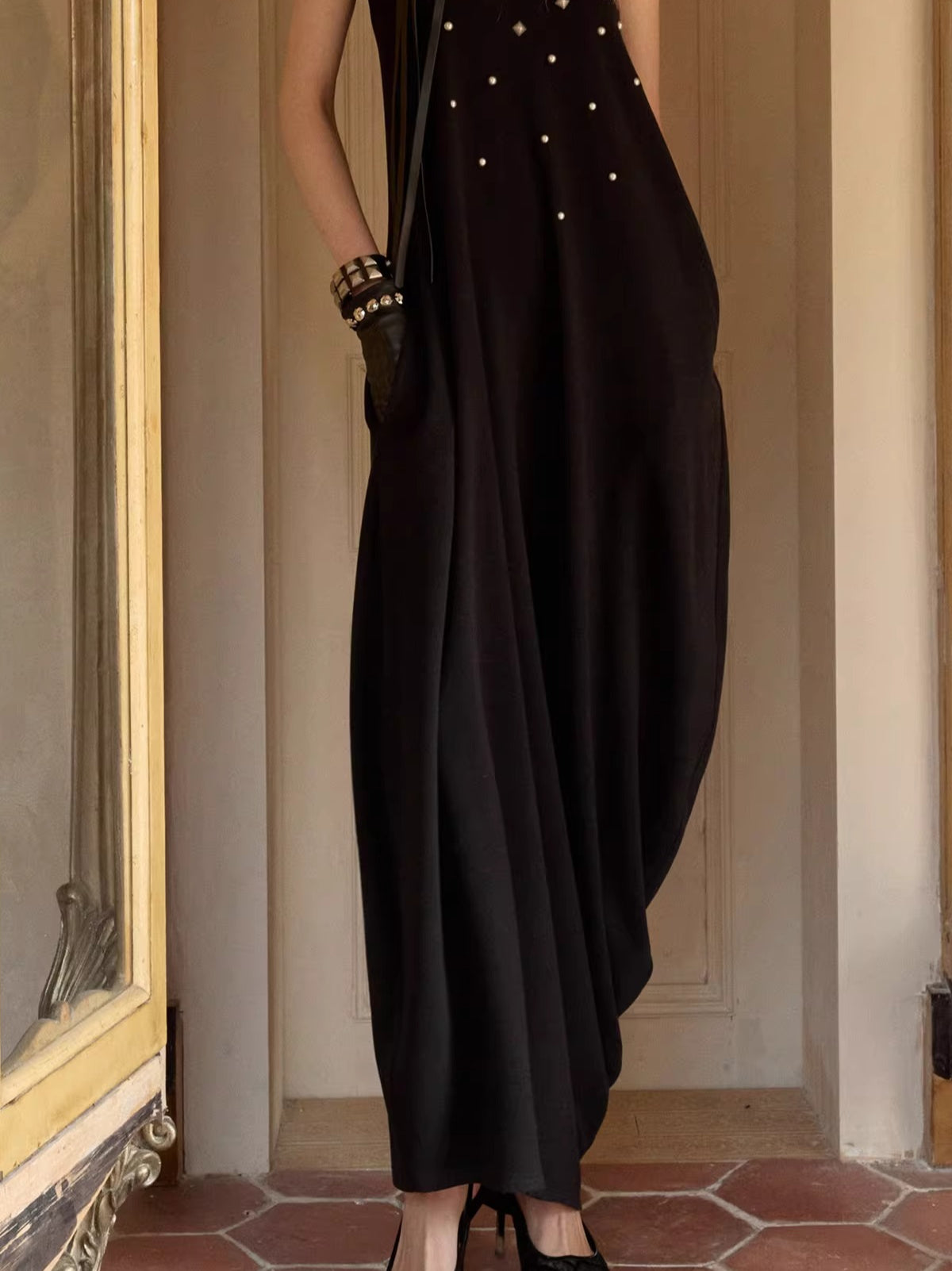 Studded Sculptural Strapless Maxi Dress