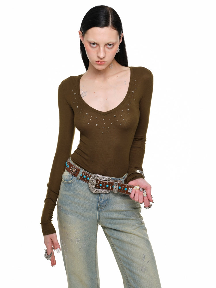 Deep V-Neck Studded Rhinestone Top - CHINASQUAD