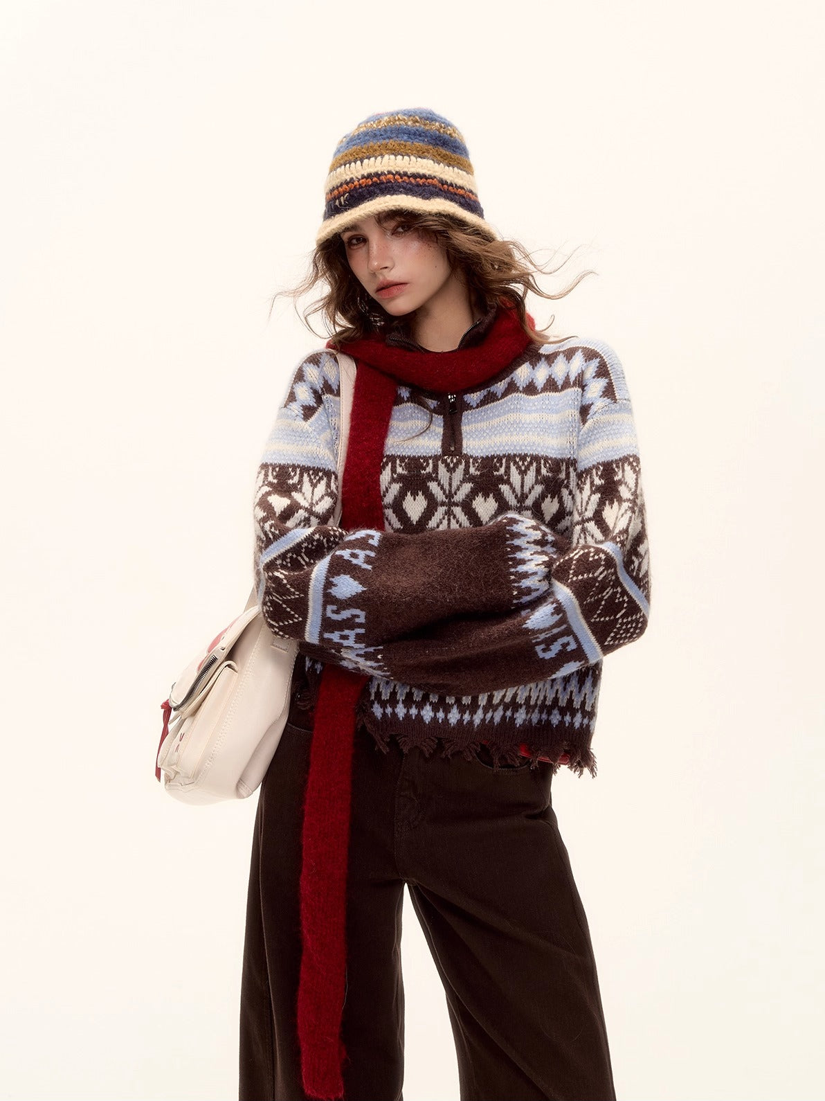 Vintage Fair Isle Half-Zip Fringe Hem Sweater