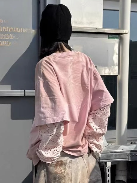 Lace-Panel Spray-Dyed Cotton T-Shirt