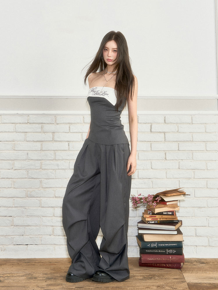 Short Patchwork Irregular Bustier & Pants Set - CHINASQUAD