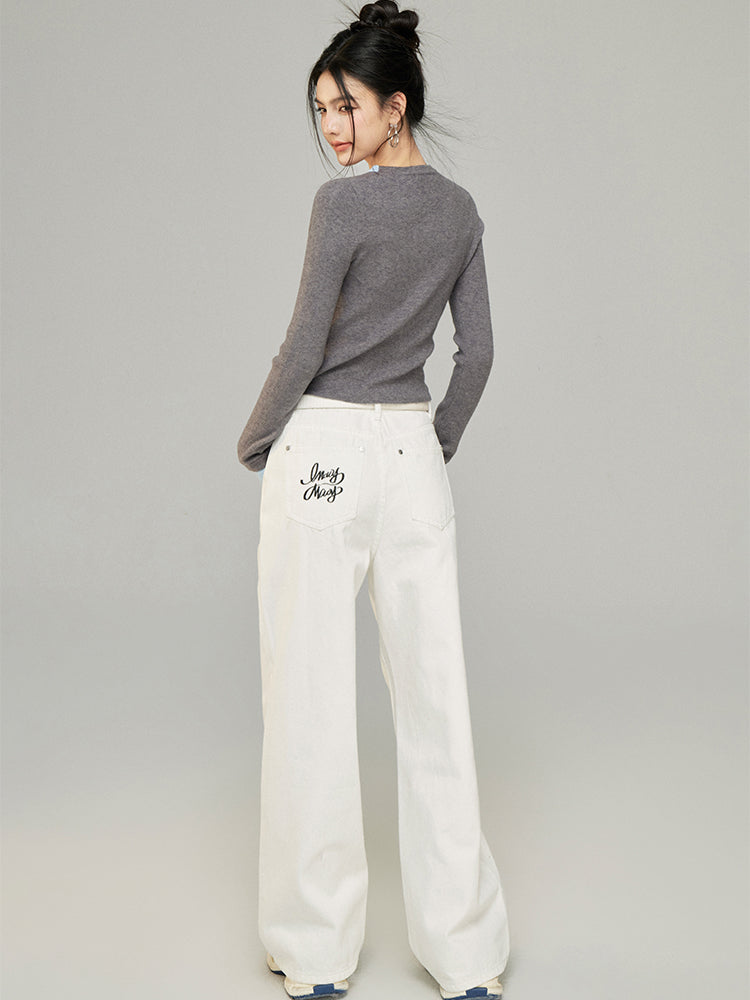 Letter Embroidery Wide-Leg Jeans - CHINASQUAD