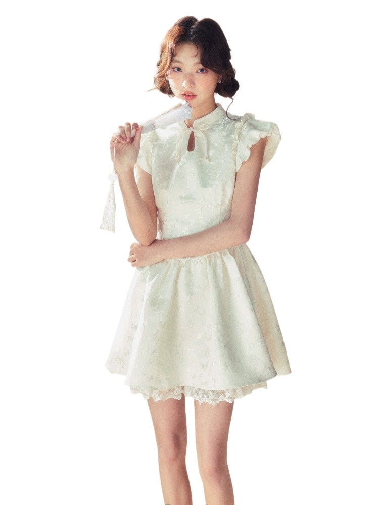 Beige Flutter Sleeve Dress - CHINASQUAD