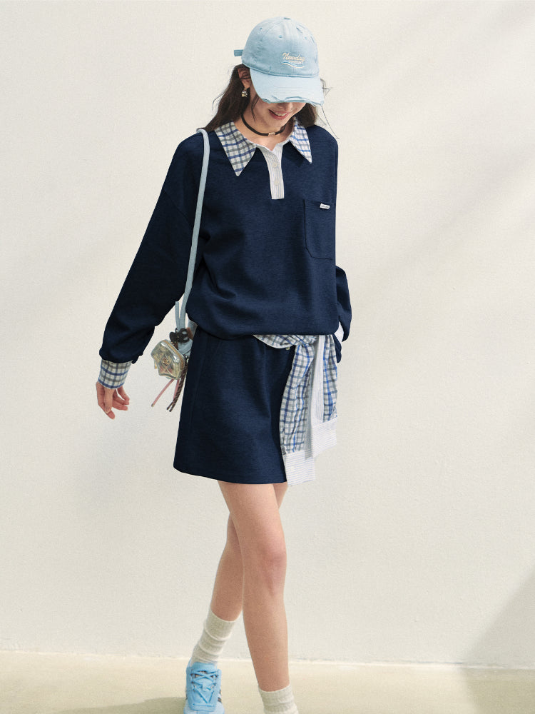 Fake Two-Piece Checkered Shirt Panel Sweatshirt - CHINASQUAD