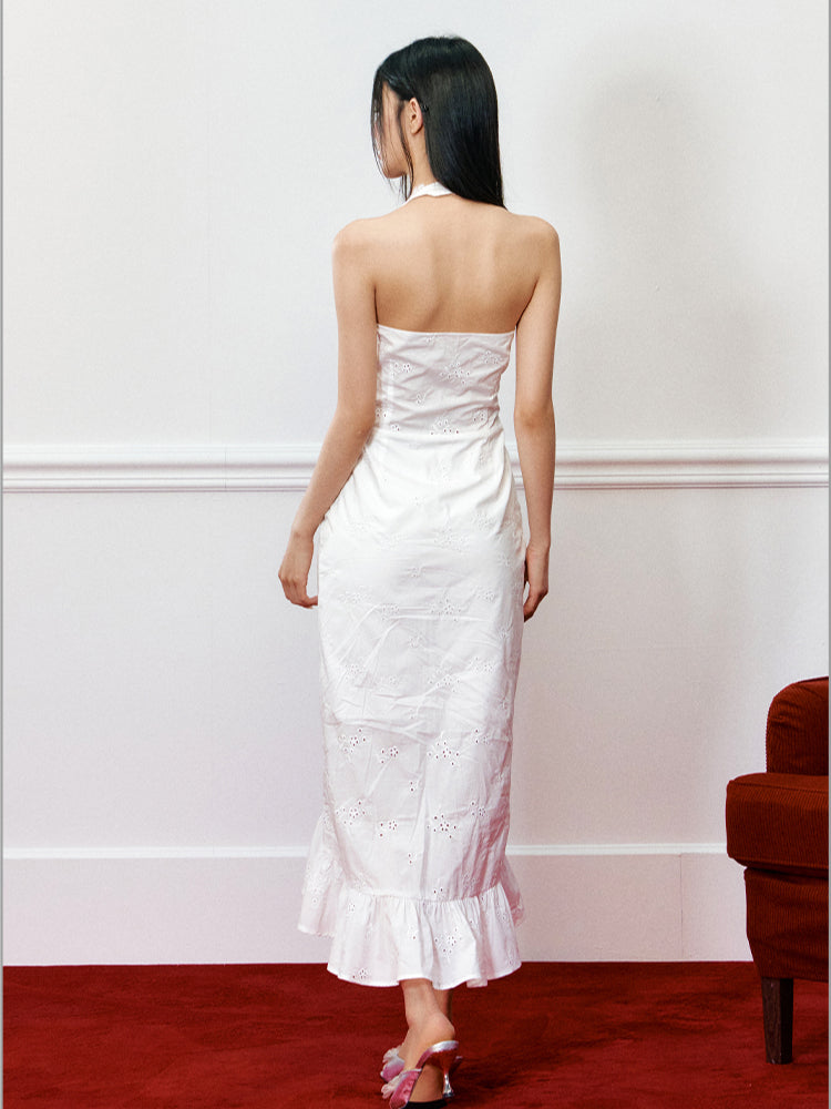 Lace Paneled Hollow Halter Mermaid Dress - CHINASQUAD