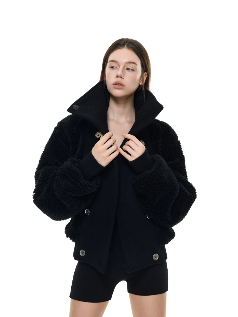 High Neck Teddy Wool Fleece Cropped Jacket