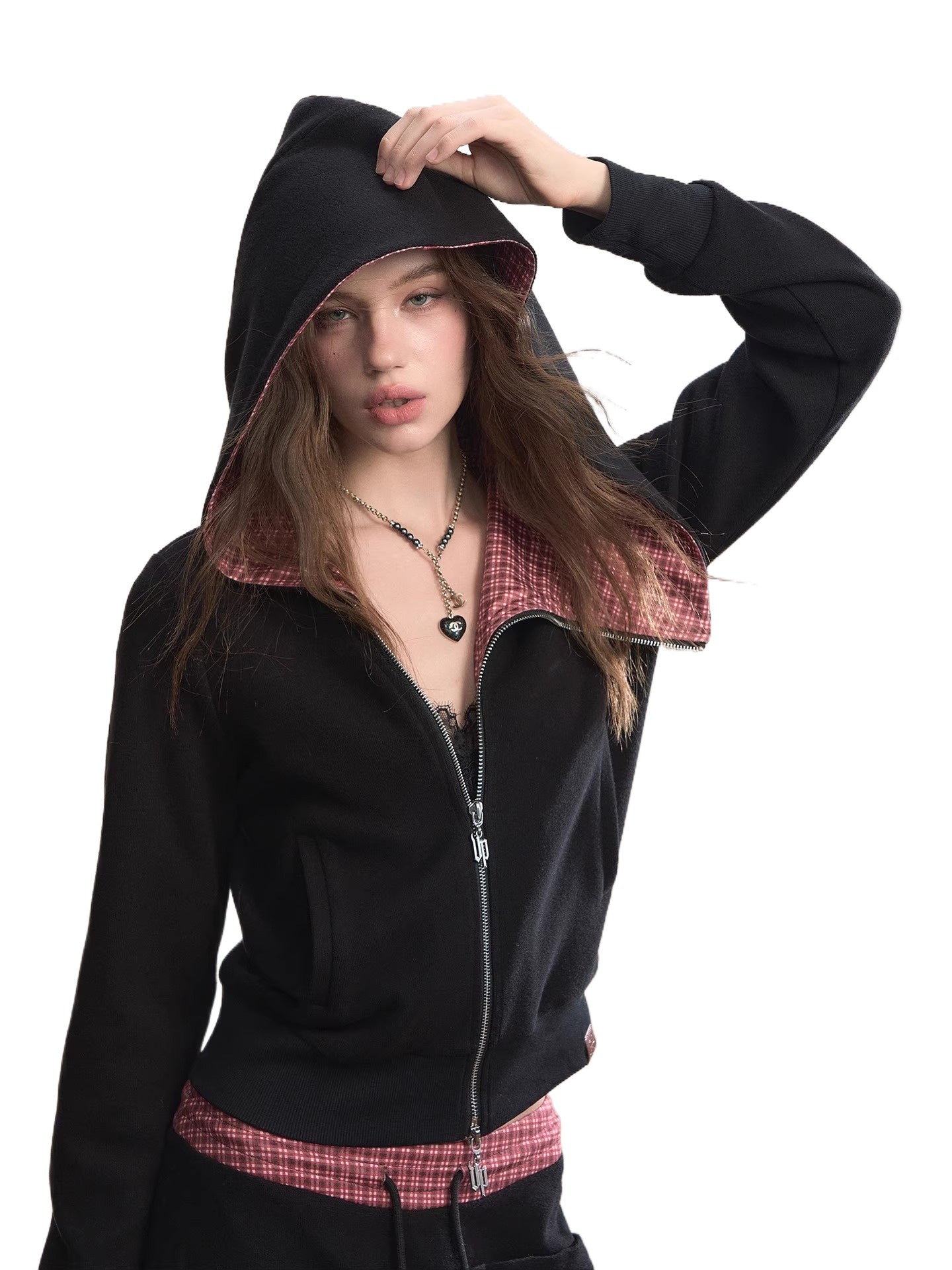 Asymmetric Contrast Collar Zip-up Hoodie - CHINASQUAD