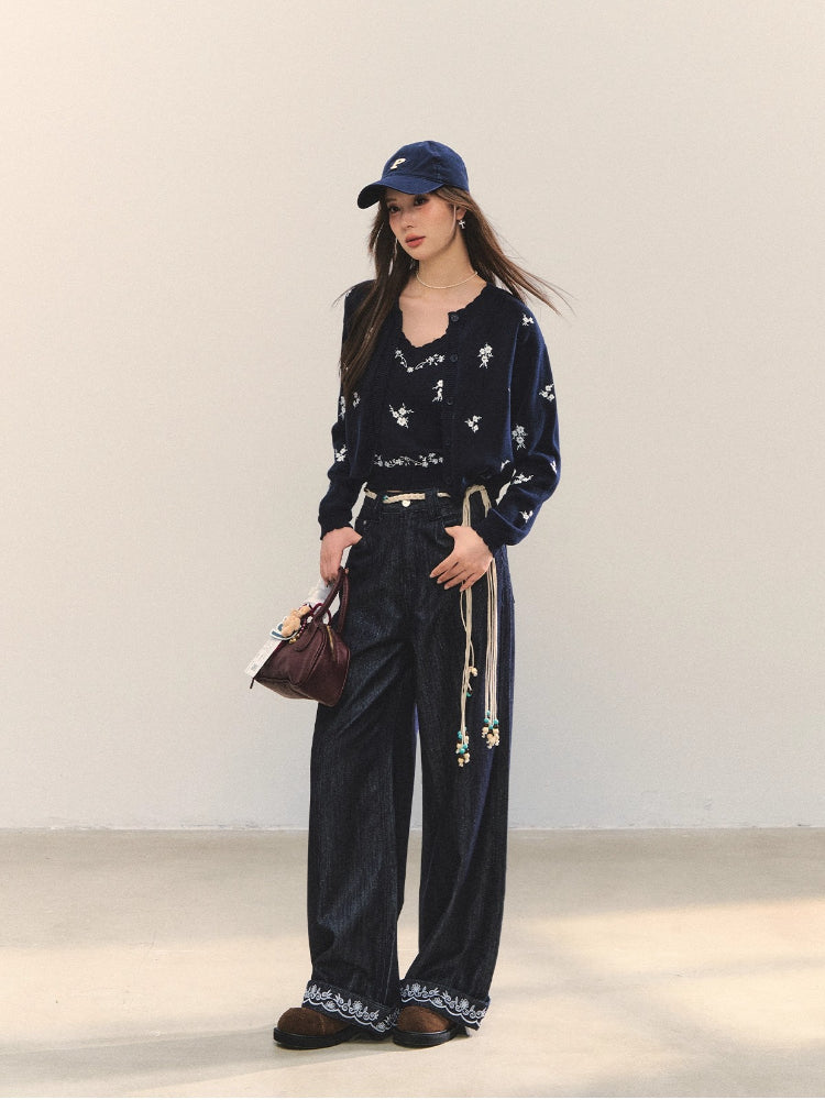 Embroidered Belt High-Waist Straight Pants