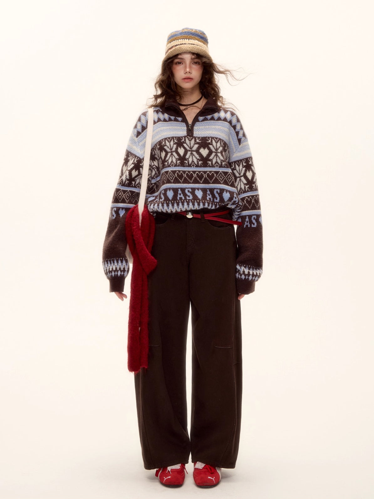 Red Belt Decor Curved-Hem Denim Wide-Leg Jeans