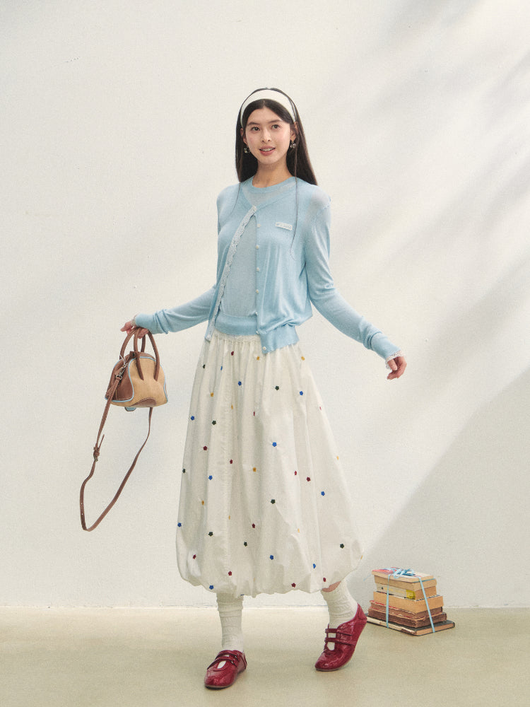 Lace Trimmed Crew Neck Knitted Cardigan Set - CHINASQUAD