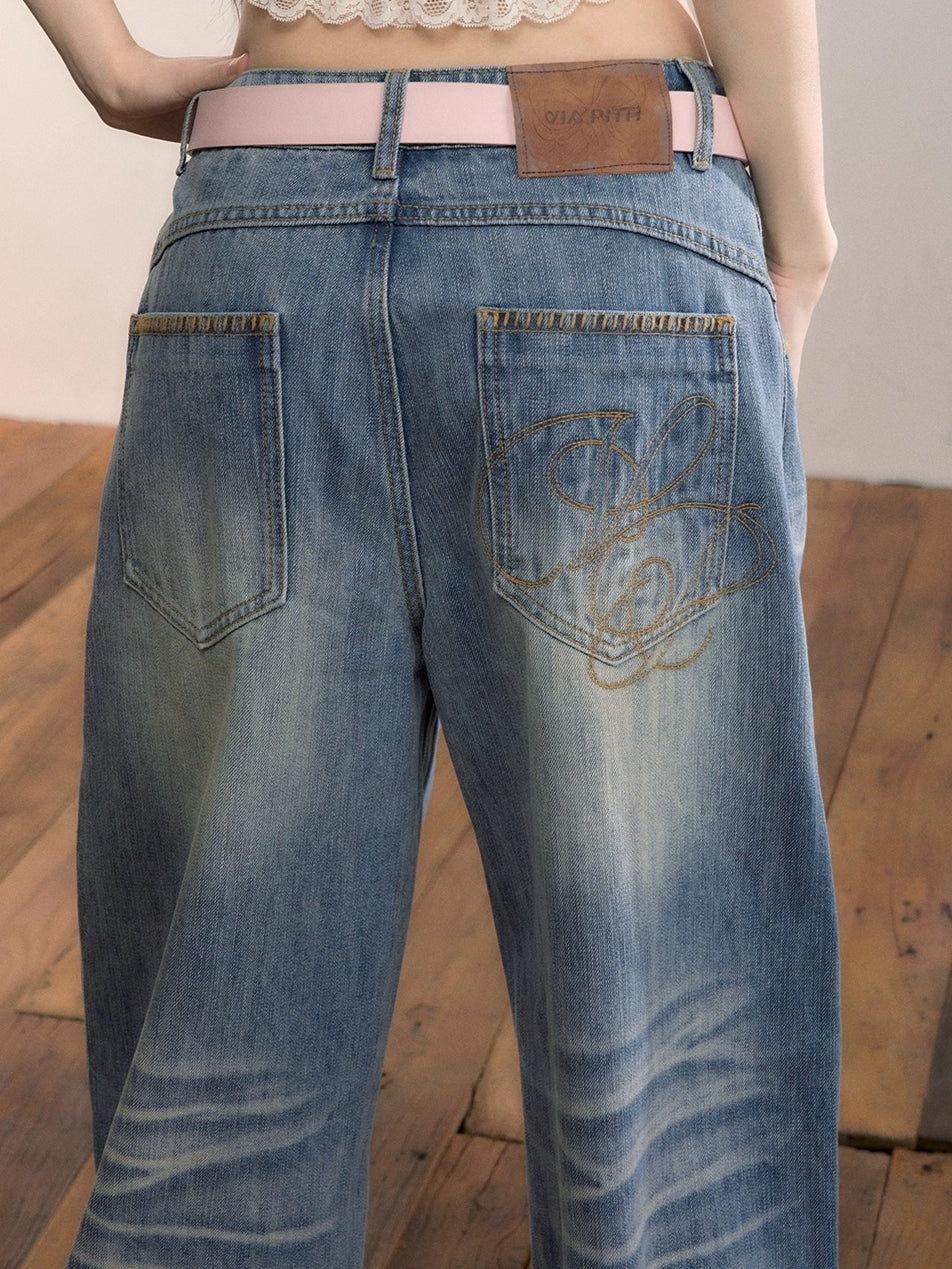 Washed Straight-Leg Denim Pants