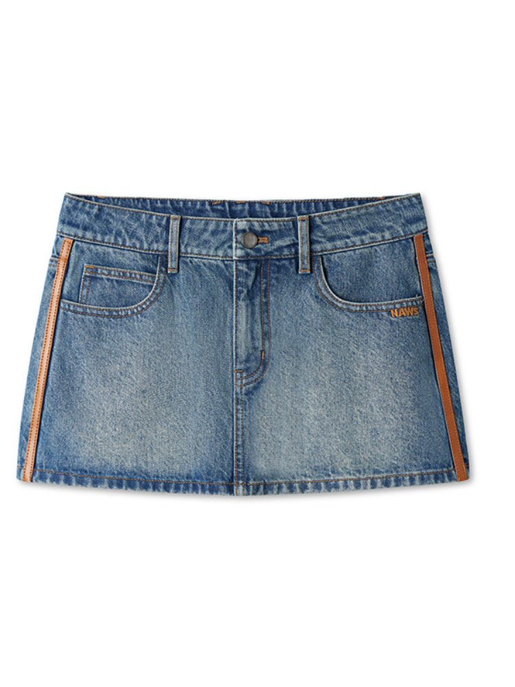 Washed Denim Twill Leather Patchwork Mini Skirt - CHINASQUAD