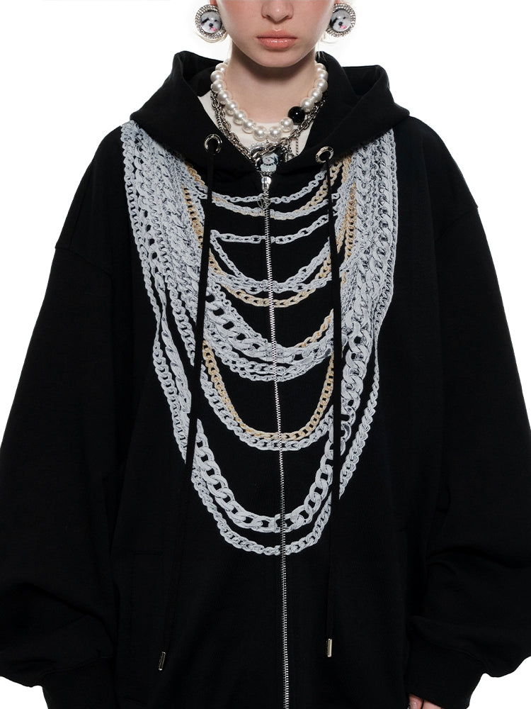 Black & White Oversized Chain Print Hoodie Cardigan - CHINASQUAD