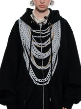 Black & White Oversized Chain Print Hoodie Cardigan - CHINASQUAD