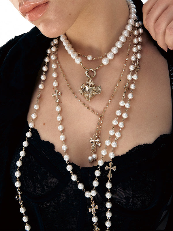 Layered Punk Heart Pearl Cross Long Necklace - CHINASQUAD