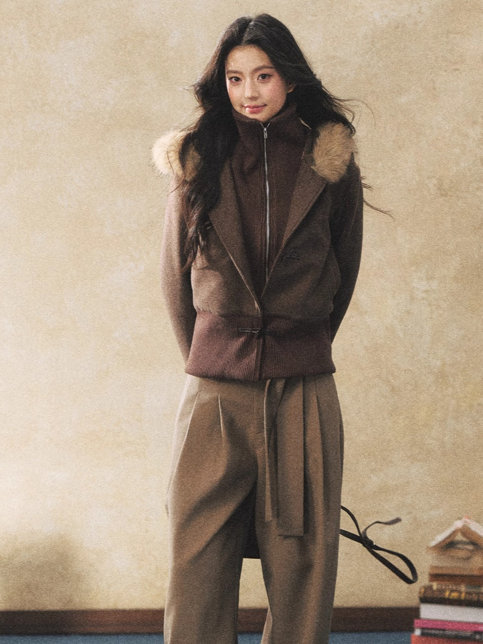 Fur Collar Faux-Layered Wool-Blend Jacket