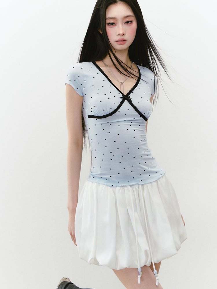 Waist-Cinched Polka Dot Short Sleeve T-shirt - CHINASQUAD