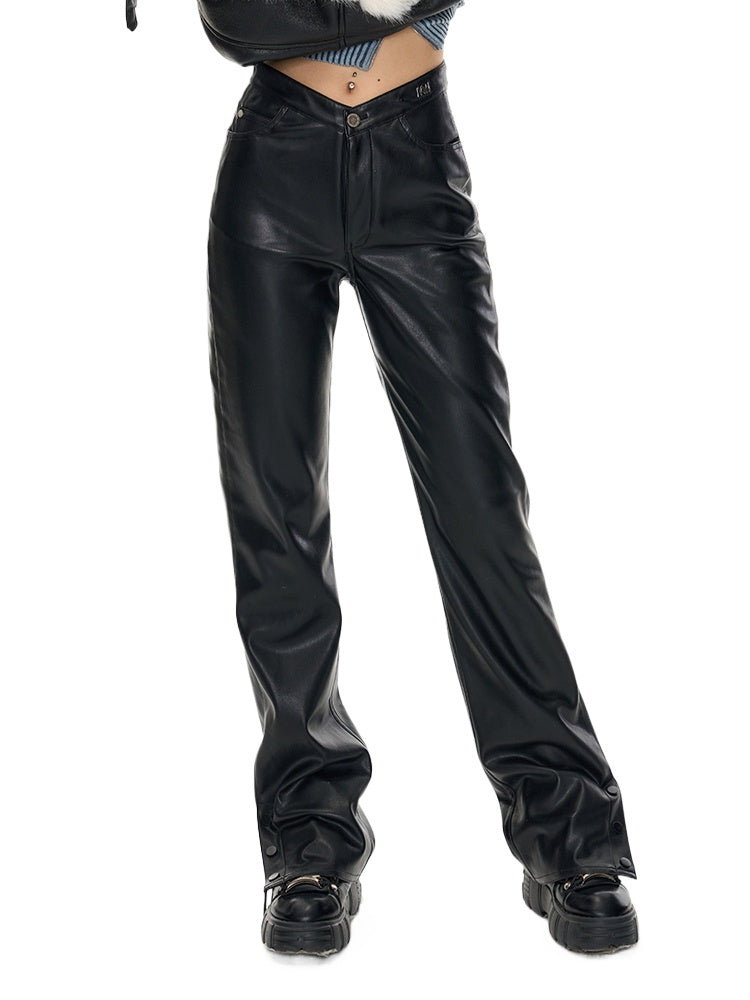 Black V-Style High-Waist Leather Pants - CHINASQUAD