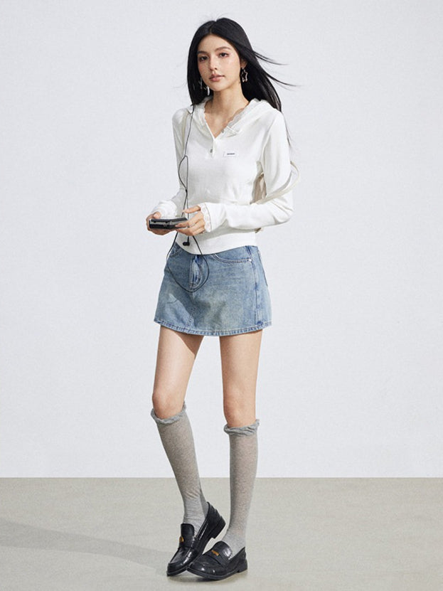Lace Hooded Slim-Fit Long Sleeve T-Shirt