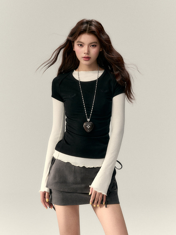 (Final Sale) Faux Two-Piece Tie Waist Denim Skirt - CHINASQUAD