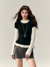 (Final Sale) Faux Two-Piece Tie Waist Denim Skirt - CHINASQUAD