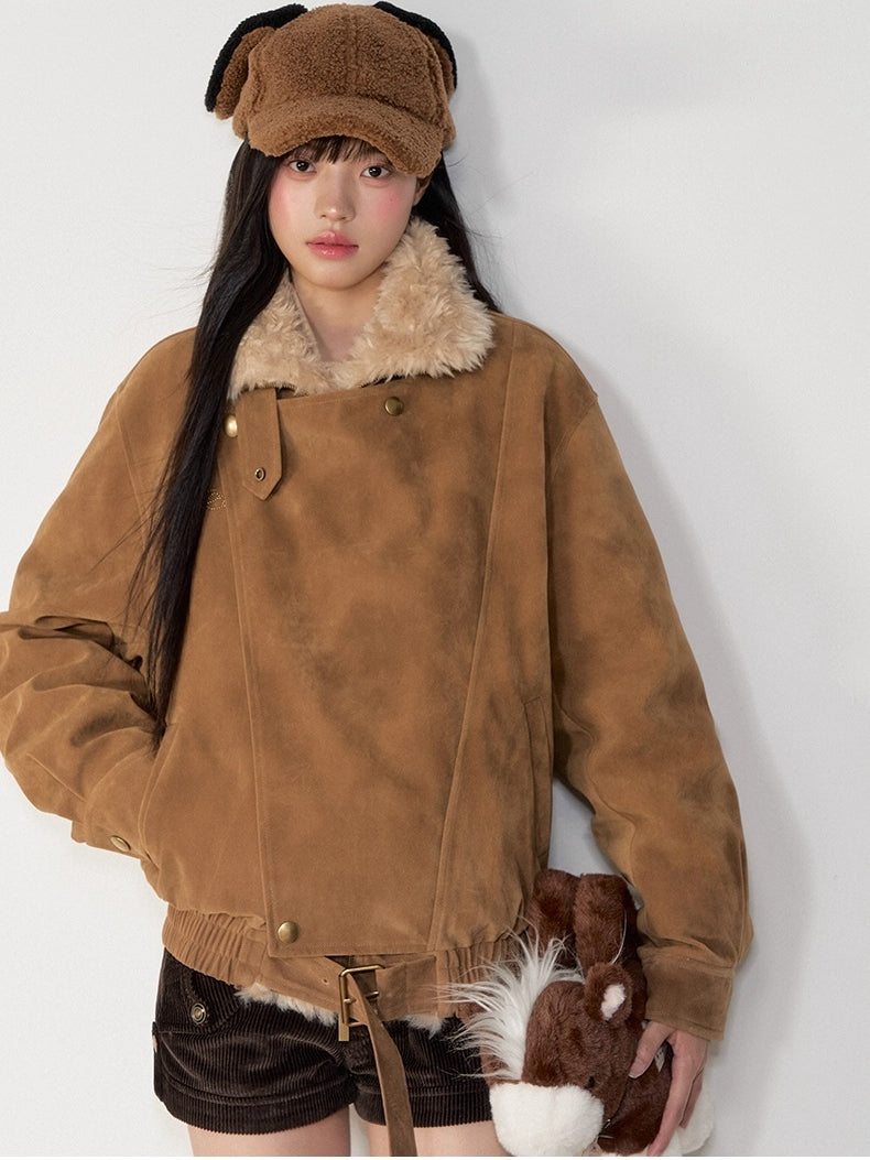 Original Suede Shearling Moto Oversized Lapel Jacket - CHINASQUAD